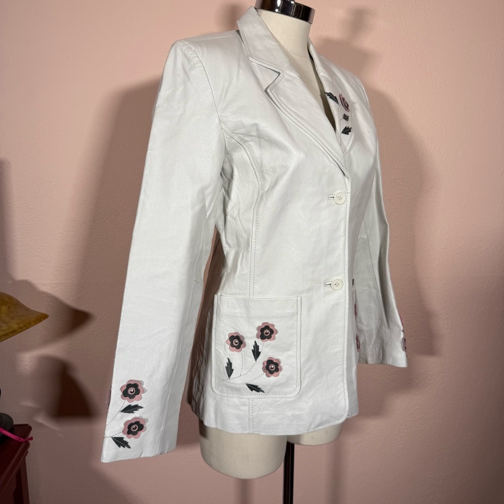 Vintage White Leather feminine appliqué Flower festival jacket Blazer Y2K medium - Picture 4 of 17